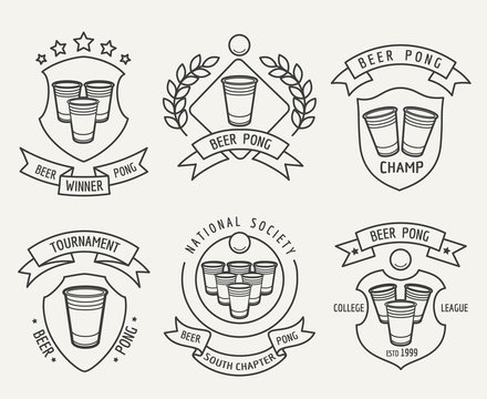 Beer pong line logo set. Beer pong drinking game vector linear labels
