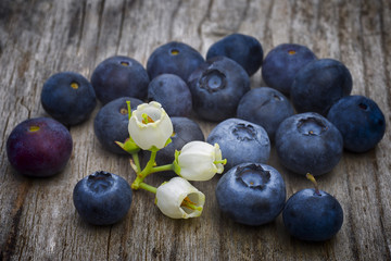 blueberry flowers and fruits (Vaccinium corymbosum) on wooden ta