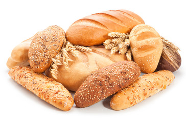 assorted breads isolated on white background