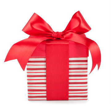 striped boxes with gifts tied bows on white background.