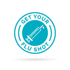 Get your flu shot vaccine sign badge with blue syringe stamp icon. Vector illustration. - obrazy, fototapety, plakaty