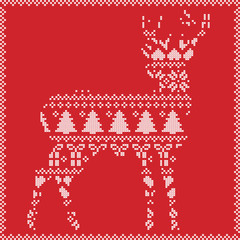 Scandinavian Norwegian style  winter stitching  knitting  christmas pattern in  in deer silhouette including snowflakes, hearts xmas trees c, snow, stars, decorative ornaments on red  background
