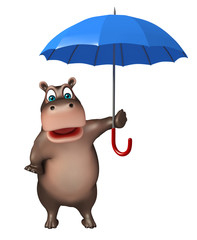 cute Hippo cartoon character  with umbrella