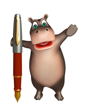 fun Hippo cartoon character  with pen