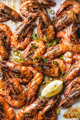 Roasted tiger prawns with fresh leek and lemon