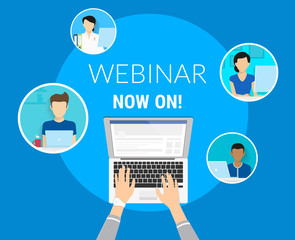 Webinar now on concept illustration of human hands typing on the laptop to unit various people on the free webinar. Flat design of faceless guys and young women participating in free webinar