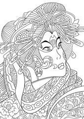 Zentangle stylized cartoon geisha woman (japanese dancing actress). Hand drawn sketch for adult antistress coloring page, T-shirt emblem, logo or tattoo with doodle, zentangle, floral design elements.