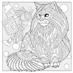 Zentangle stylized cartoon maine coon with cat food. Hand drawn sketch for adult antistress coloring page, T-shirt emblem, logo or tattoo with doodle, zentangle, floral design elements.