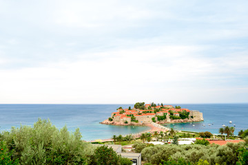 Beautiful Island and Luxury Resort Sveti Stefan, Montenegro. Balkans, Adriatic sea, Europe.
