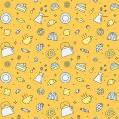 Crockery and cooking (tea and coffee) multicolored seamless vector pattern (yellow). Clean and simple outline design.