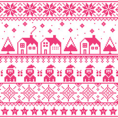 Christmas jumper or sweater pink seamless pattern with Santa and houses 