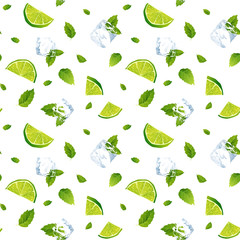 Seamless pattern, cool refreshing summer mojito with ice cubes, mint leaves and lime.