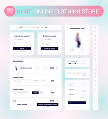UI Kit for online clothing store: icons set, login form, registration form, dropdown menu, shopping bag, example item card, range of sizes, pagination.