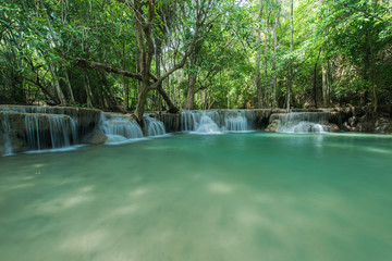 Breathtaking green landscape with beautiful waterfall, Erawan waterfall , Located Kanchanaburi Province, Thailand