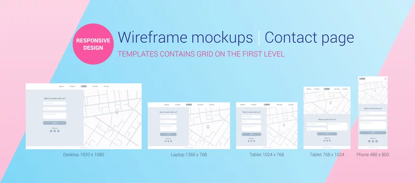 Download Responsive Web Design Wireframe Mockups Flat And Mimalistik Style Teamplates For Desktop Laptop Tablet And Phone Devices Site For Web Agency Design Studio Contact Page Prototype Contact Form Stock Vector Adobe