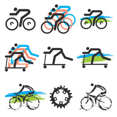 Bicycle scooter icons.
Colorful icons of  bicycle,  scooter and cycling elements. Vector available. 
