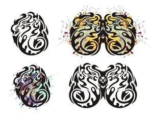 Tribal twirled dragon and dragon butterfly. Grunge colorful dragon splashes