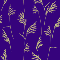 Abstract floral pattern. Grass panicles scattered free. Hand painted texture. Yellow on purple background.