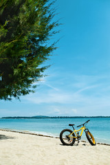 Summer Sports. Yellow Sand Bicycle Standing On Tropical Sea Beach. Ride Bike On Holidays Travel...