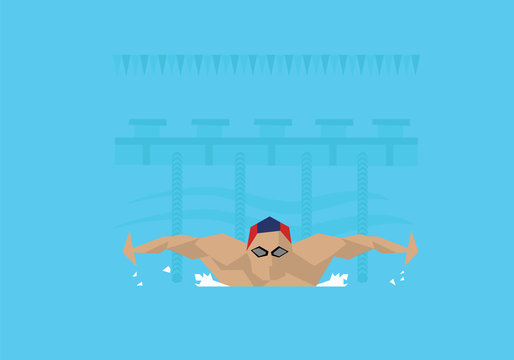 Illustration Of Male Swimmer Competing In Butterfly Event 