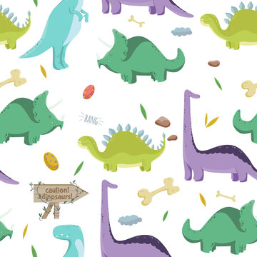Dinosaurs. Vector seamless pattern on white background.
