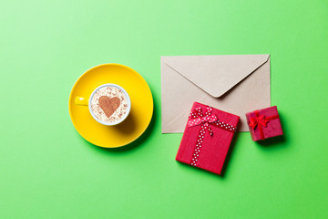 cup, gifts and envelope