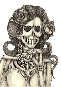 Skull art day of the dead.Art design women skull fashion model action smiley face day of the dead festival hand pencil drawing on paper.