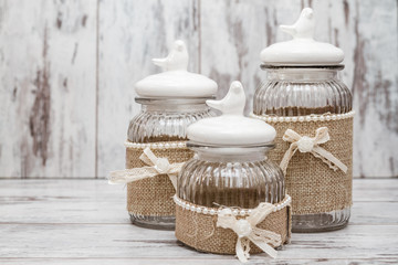 Glass Round Jars with Linens, Ribbons and Birds