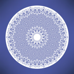 White Mandala Isolated on Blue Background. Round Ornament