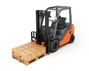 Forklift truck with boxes on pallet 3d