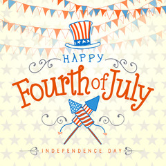 Happy Fourth of July. Vector Illustration with Hand Lettered text, Hat, Fireworks and ornaments.