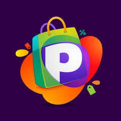 P letter with shopping bag icon and Sale tag.