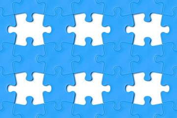 blue jigsaw puzzle pieces interlocking with some missing pieces on a white background (seamless texture, 3x2 format, 3d illustration)