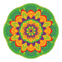 Mandala of colored traditional Indian elements green orange range.