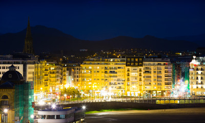 View of La Concha beach in   night at San Sebastian