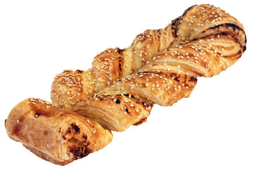Braided Puff Pastry Sprinkled With Sesame Seeds Isolated on White Background