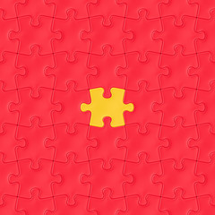 interlocking red jigsaw puzzle pieces with one yellow piece in the center (seamless texture, 3d illustration)