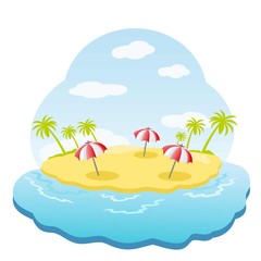 Fototapeta na wymiar Three beach umbrellas on island
