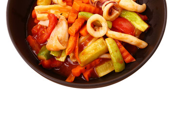 vegetable fried and squid in the black blow