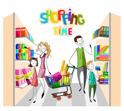 Family shopping at the market. Hand drawn happy family in the market buy products. Kids with parents in the shop. Father, mother, sister, brother.  Vector illustration