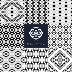 Fototapeta premium Vector seamless texture. Set of tribal black and white decorative patterns for design. Aztec ornamental style