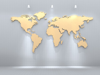Golden world map on white wall with lights spot.3D rendering.