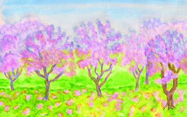 Obraz na płótnie Canvas Pink spring garden, watercolours