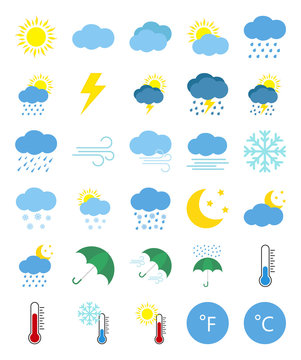 Weather forecast icons in flat style isolated on white background.