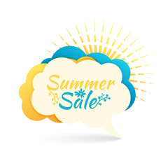 Banner, logo, sticker, bubble with Summer sale. Bubble with Summer offer. Summer decoration with sunbeam. Talk bubble summer banner blue and yellow color. Vector