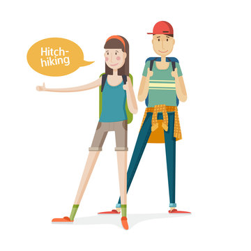 Two young people Couple tourists. Couple hitchhiking. Young people with backpacks with a finger up. Girl and boy hitchhiking in a cartoon flat. Hitchhiker traveling with backpack. Isolated. Vector