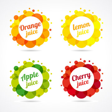 Set of fresh juice logo. Logo of fresh juice with oranges, apples, lemons and cherrys framed by orange, green, yellow and red colorful bubbles