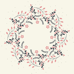 Stylish round frame with blue leaves and pink flowers