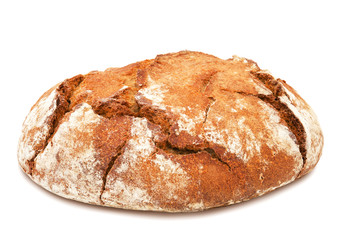 Freshly baked loaf of traditional round rye bread isolated on white background. Design element for bakery product label, catalog print, web use.