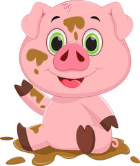 Cartoon pig play in mud 